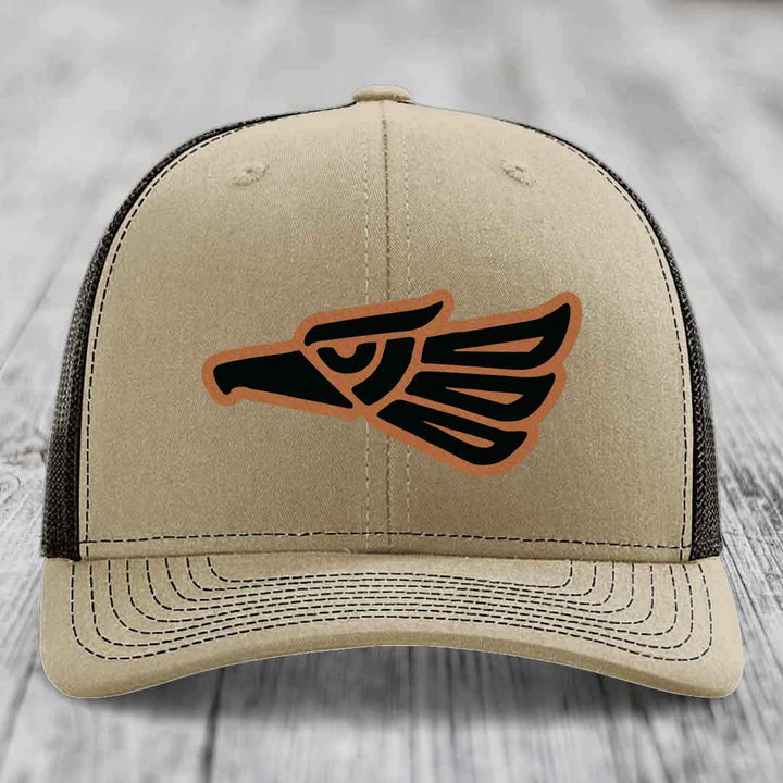 Aztec Eagle - Leather Patch Hat - Rawhide to Black Patch - Richardson 112 Snapback Trucker Hat