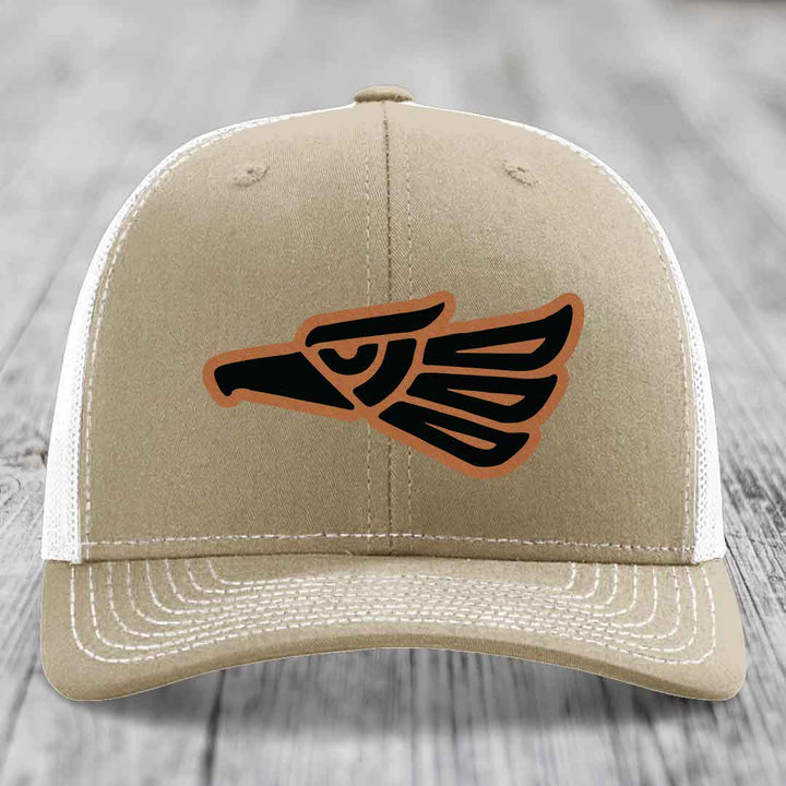 Aztec Eagle - Leather Patch Hat - Rawhide to Black Patch - Richardson 112 Snapback Trucker Hat