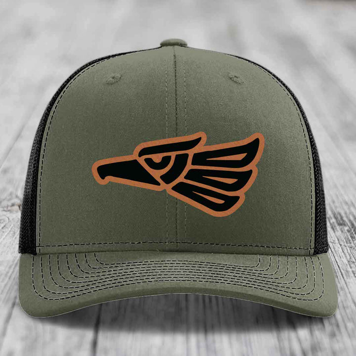 Aztec Eagle - Leather Patch Hat - Rawhide to Black Patch - Richardson 112 Snapback Trucker Hat