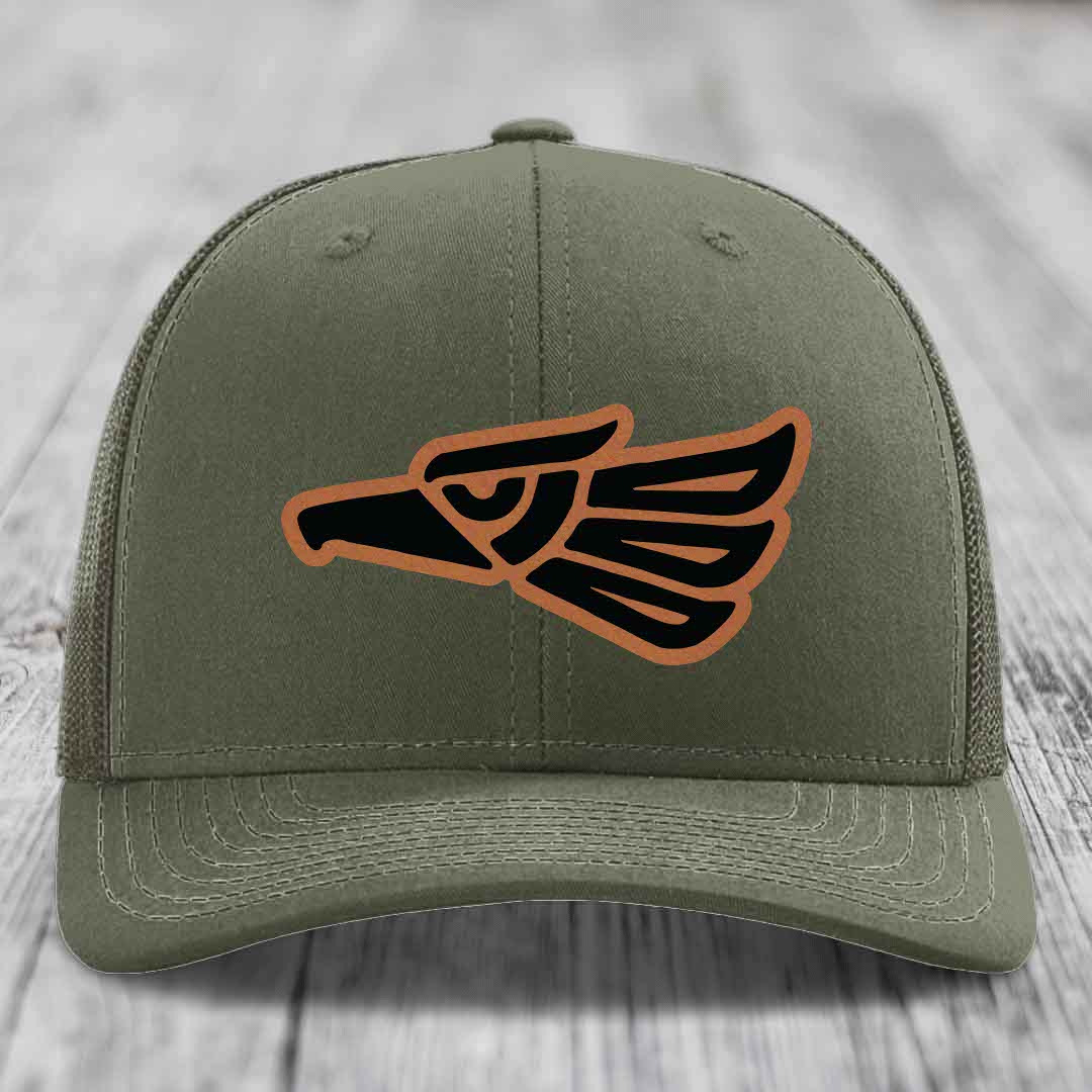 Aztec Eagle - Leather Patch Hat - Rawhide to Black Patch - Richardson 112 Snapback Trucker Hat