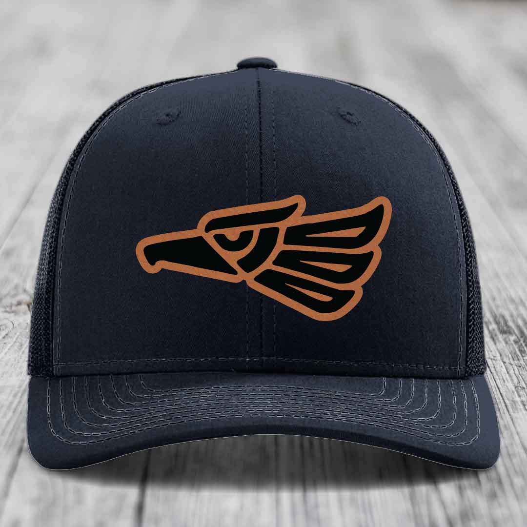 Aztec Eagle - Leather Patch Hat - Rawhide to Black Patch - Richardson 112 Snapback Trucker Hat