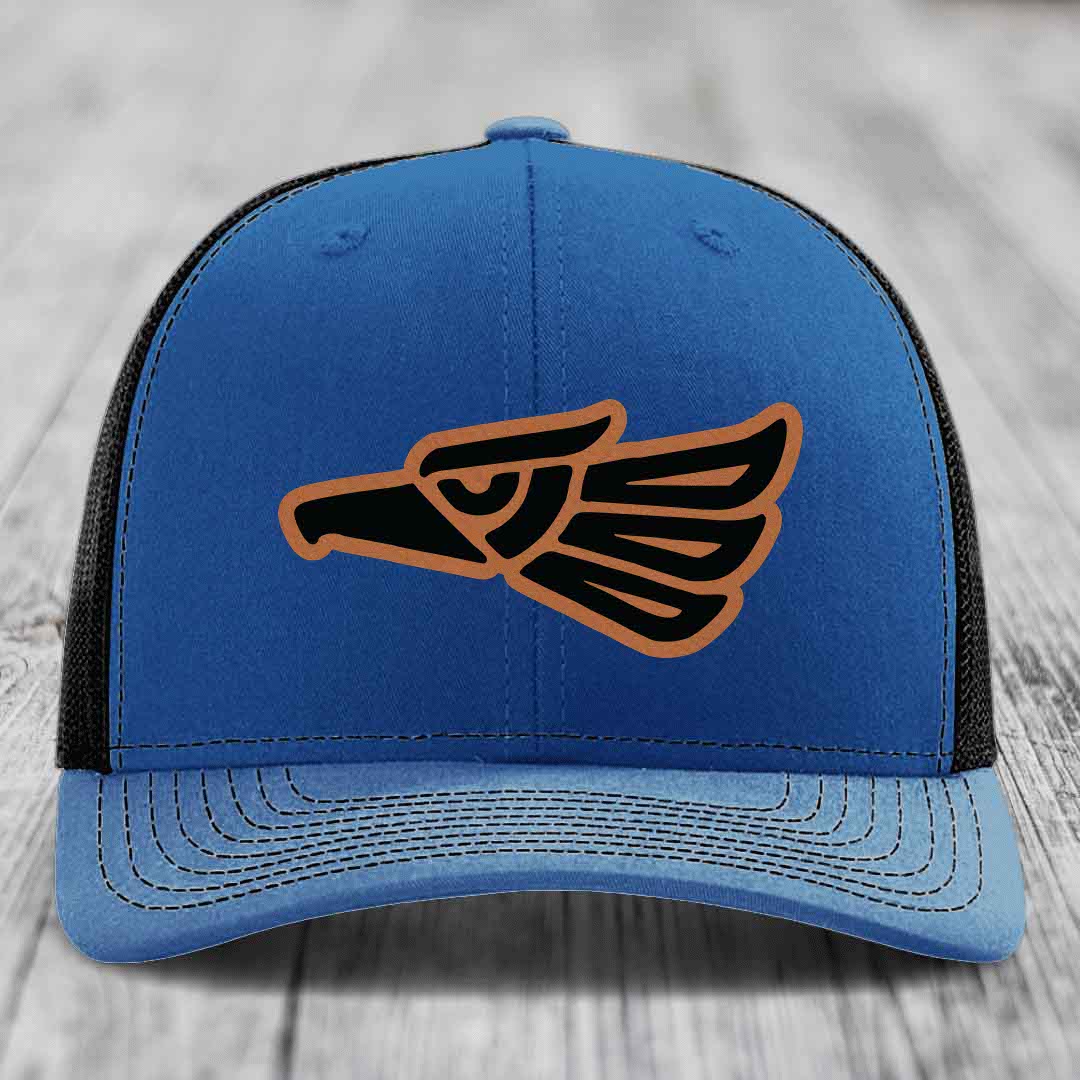Aztec Eagle - Leather Patch Hat - Rawhide to Black Patch - Richardson 112 Snapback Trucker Hat