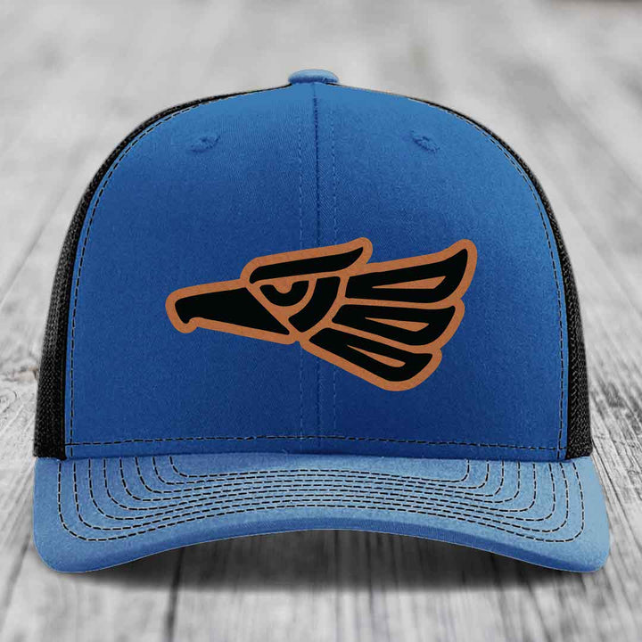 Aztec Eagle - Leather Patch Hat - Rawhide to Black Patch - Richardson 112 Snapback Trucker Hat