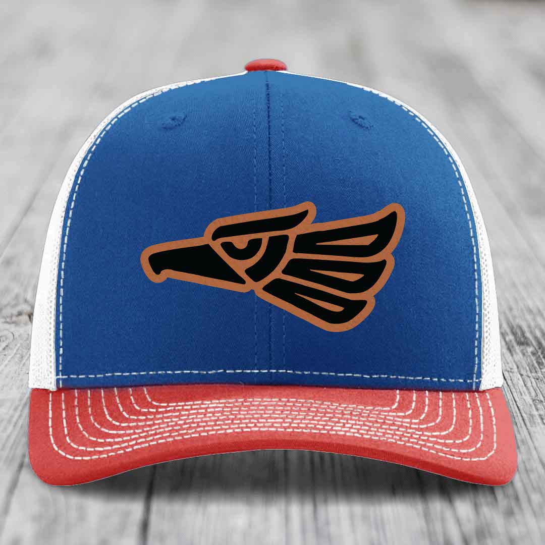 Aztec Eagle - Leather Patch Hat - Rawhide to Black Patch - Richardson 112 Snapback Trucker Hat