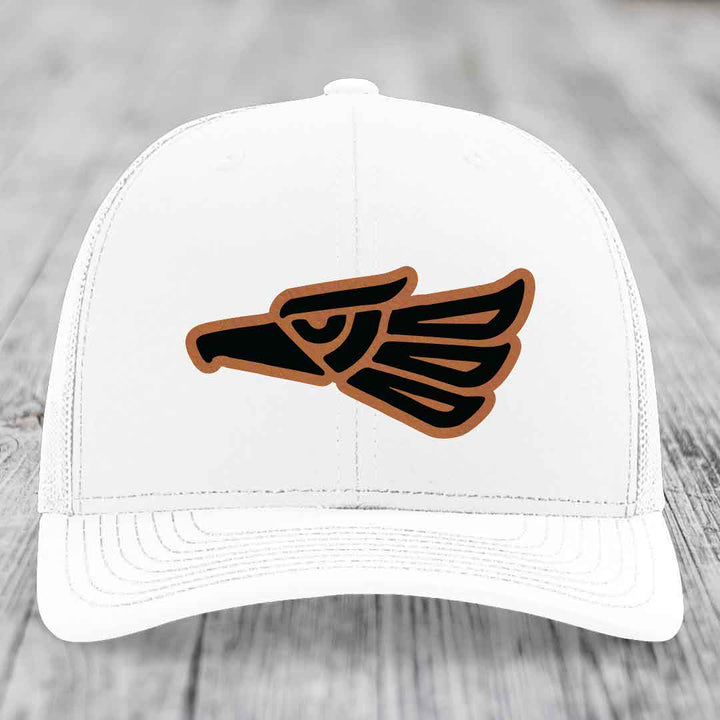 Aztec Eagle - Leather Patch Hat - Rawhide to Black Patch - Richardson 112 Snapback Trucker Hat