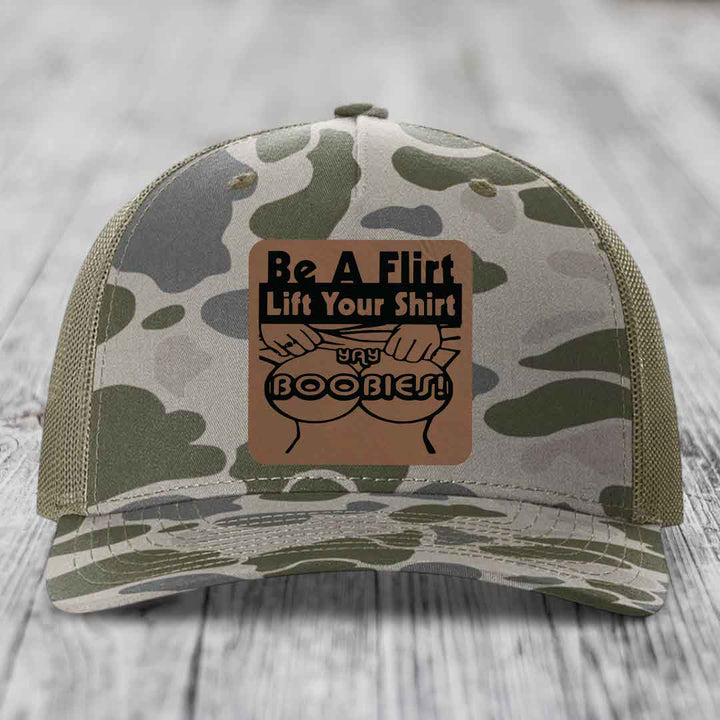 Be A Flirt Lift Your Shirt Yay Boobies! - Leather Patch Hat - Dark Brown to Black Patch - Richardson 112PFP Snapback Trucker Hat