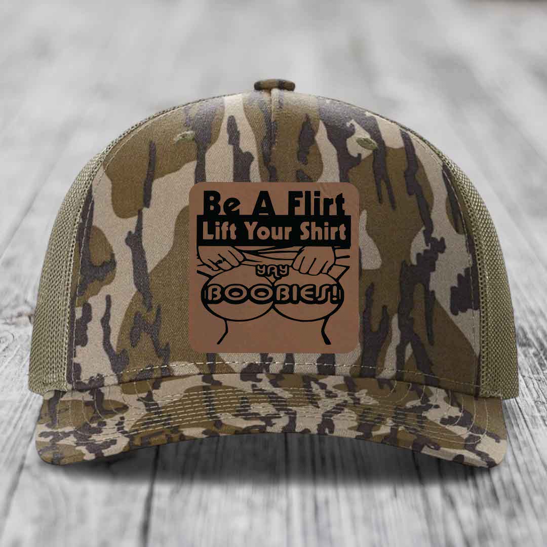 Be A Flirt Lift Your Shirt Yay Boobies! - Leather Patch Hat - Dark Brown to Black Patch - Richardson 112PFP Snapback Trucker Hat