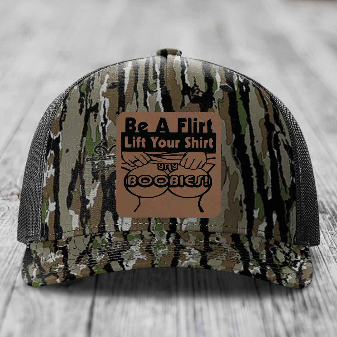Be A Flirt Lift Your Shirt Yay Boobies! - Leather Patch Hat - Dark Brown to Black Patch - Richardson 112PFP Snapback Trucker Hat