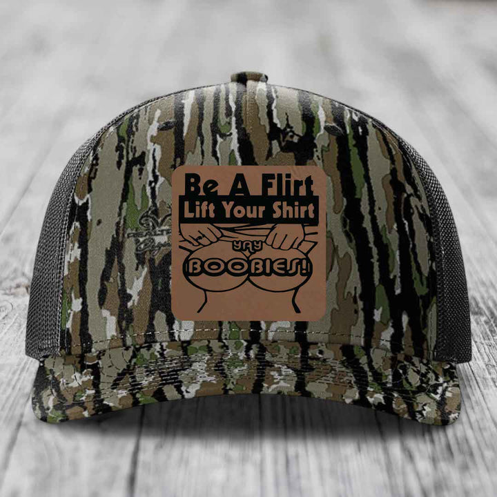 Be A Flirt Lift Your Shirt Yay Boobies! - Leather Patch Hat - Dark Brown to Black Patch - Richardson 112PFP Snapback Trucker Hat