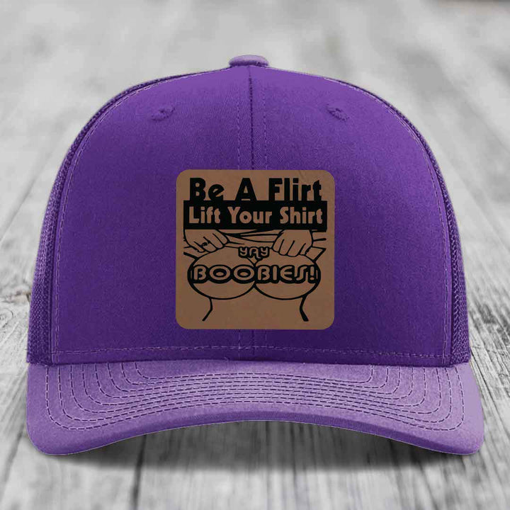 Be A Flirt Lift Your Shirt Yay Boobies! - Leather Patch Hat - Dark Brown to Black Patch - Richardson 112 Snapback Trucker Hat