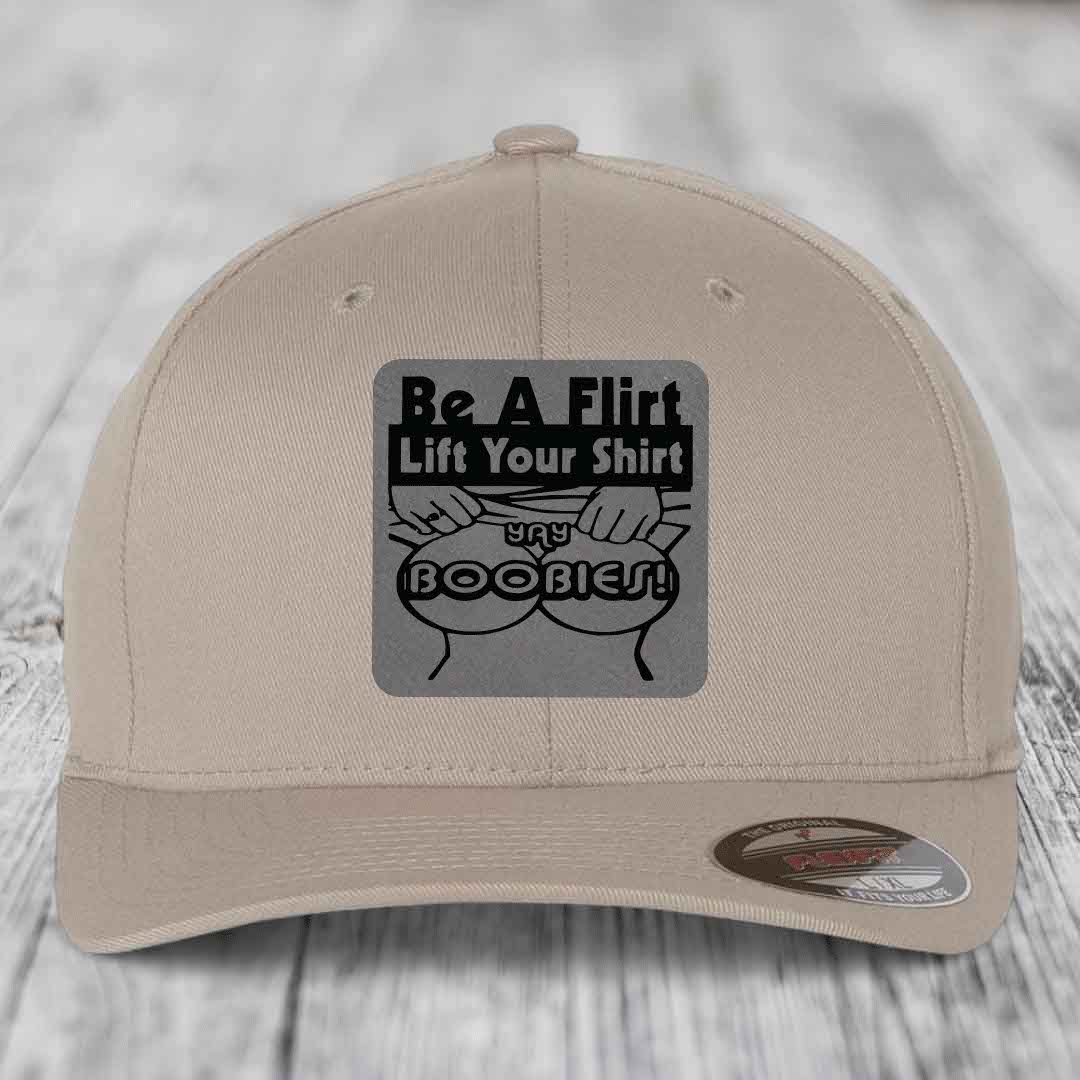 Be A Flirt Lift Your Shirt Yay Boobies! - Leather Patch Hat - Grey to Black Patch - Flexfit 6277 Fitted Hat