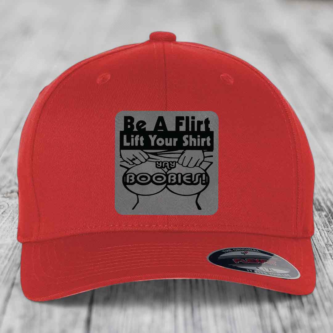 Be A Flirt Lift Your Shirt Yay Boobies! - Leather Patch Hat - Grey to Black Patch - Flexfit 6277 Fitted Hat