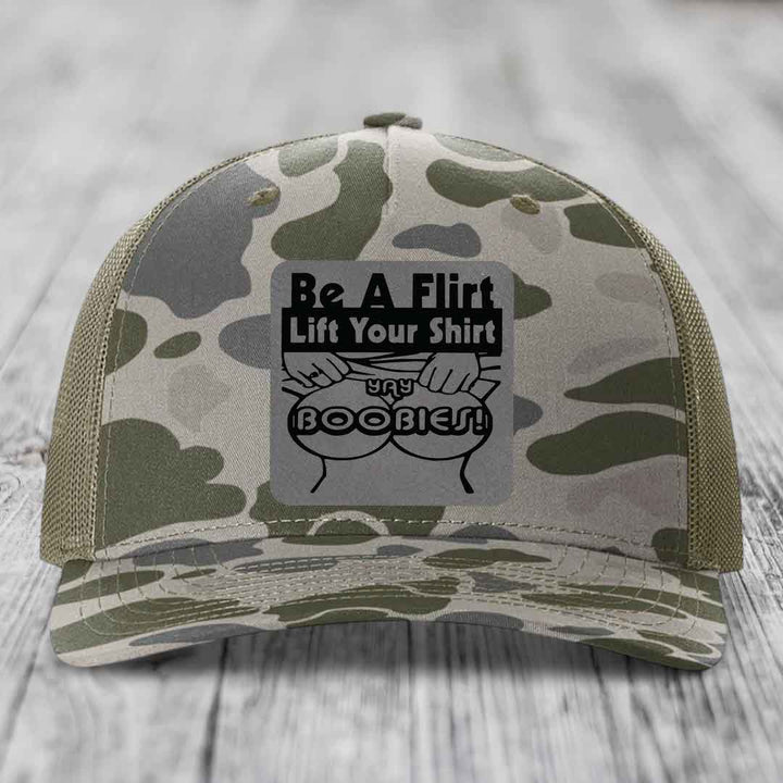 Be A Flirt Lift Your Shirt Yay Boobies! - Leather Patch Hat - Grey to Black Patch - Richardson 112PFP Snapback Trucker Hat