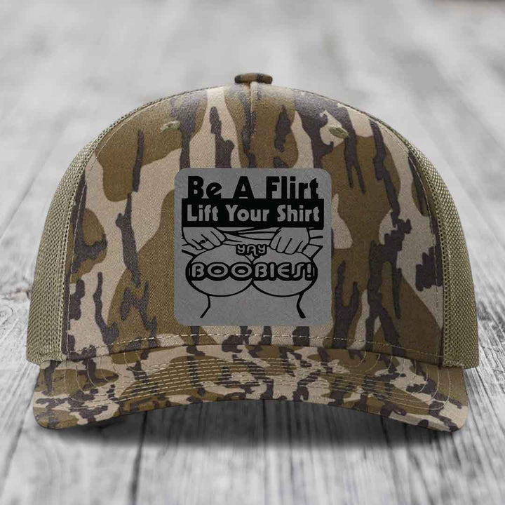 Be A Flirt Lift Your Shirt Yay Boobies! - Leather Patch Hat - Grey to Black Patch - Richardson 112PFP Snapback Trucker Hat