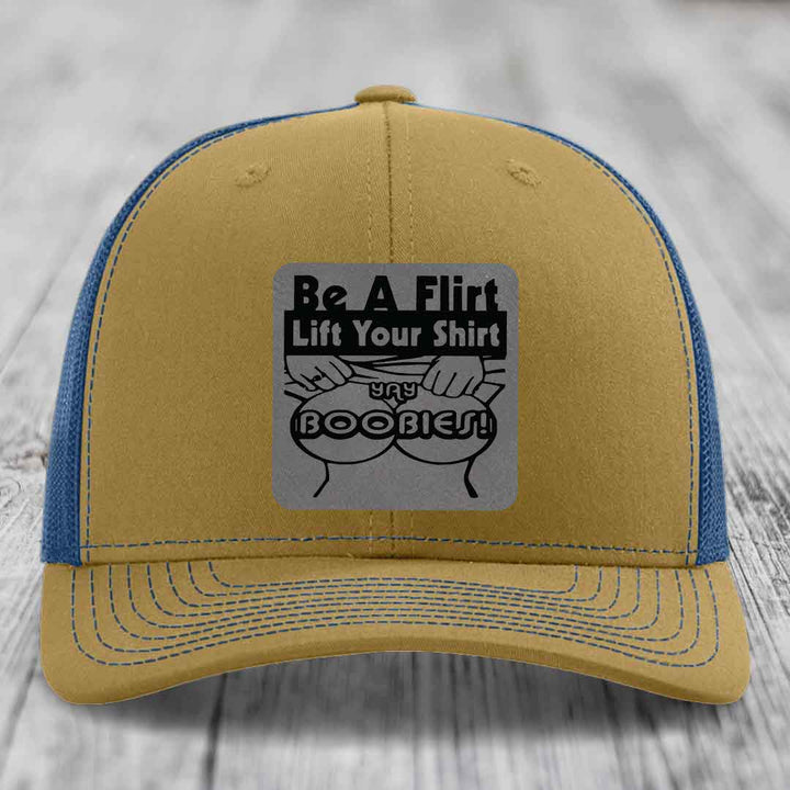 Be A Flirt Lift Your Shirt Yay Boobies! - Leather Patch Hat - Grey to Black Patch - Richardson 112 Snapback Trucker Hat