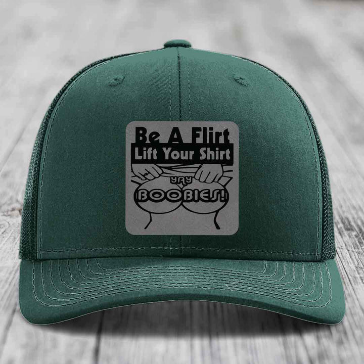 Be A Flirt Lift Your Shirt Yay Boobies! - Leather Patch Hat - Grey to Black Patch - Richardson 112 Snapback Trucker Hat
