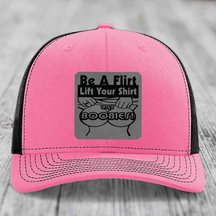 Be A Flirt Lift Your Shirt Yay Boobies! - Leather Patch Hat - Grey to Black Patch - Richardson 112 Snapback Trucker Hat