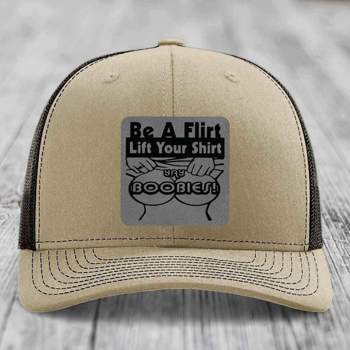 Be A Flirt Lift Your Shirt Yay Boobies! - Leather Patch Hat - Grey to Black Patch - Richardson 112 Snapback Trucker Hat