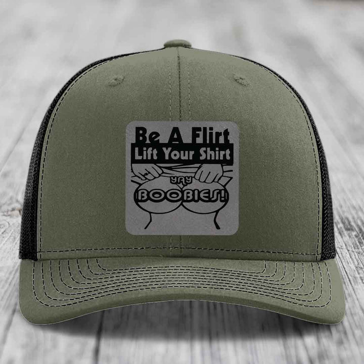Be A Flirt Lift Your Shirt Yay Boobies! - Leather Patch Hat - Grey to Black Patch - Richardson 112 Snapback Trucker Hat