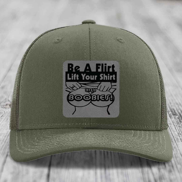 Be A Flirt Lift Your Shirt Yay Boobies! - Leather Patch Hat - Grey to Black Patch - Richardson 112 Snapback Trucker Hat