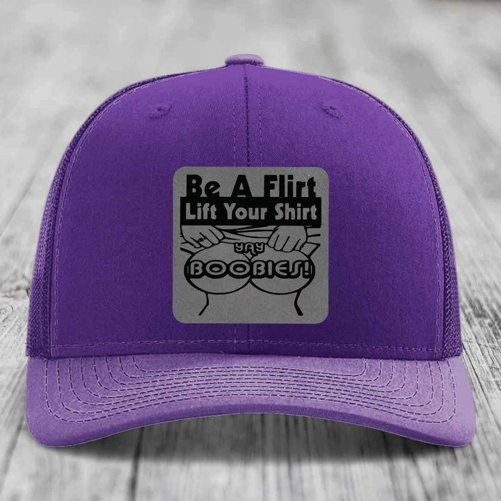 Be A Flirt Lift Your Shirt Yay Boobies! - Leather Patch Hat - Grey to Black Patch - Richardson 112 Snapback Trucker Hat