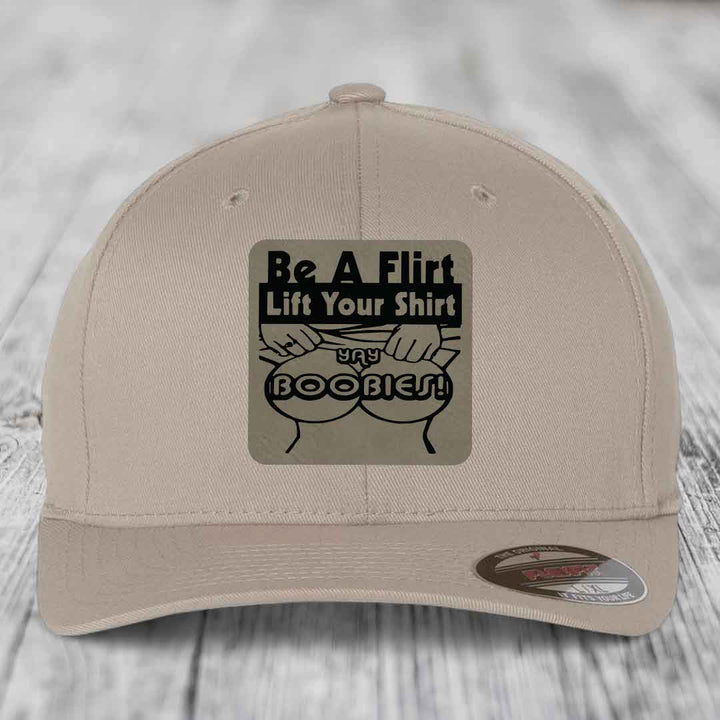 Be A Flirt Lift Your Shirt Yay Boobies! - Leather Patch Hat - Light Brown to Black Patch - Flexfit 6277 Fitted Hat