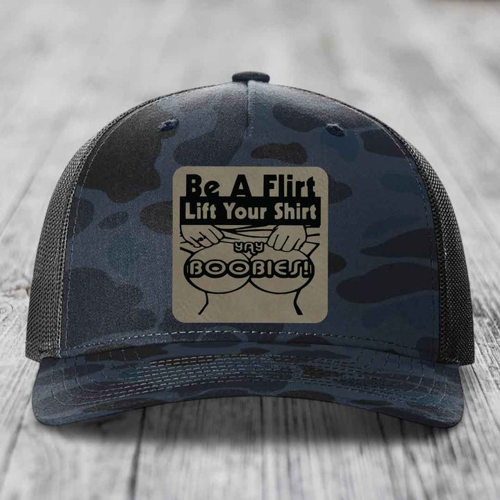 Be A Flirt Lift Your Shirt Yay Boobies! - Leather Patch Hat - Light Brown to Black Patch - Richardson 112PFP Snapback Trucker Hat
