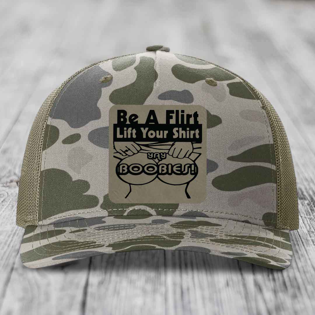Camouflage trucker hat with a humorous &