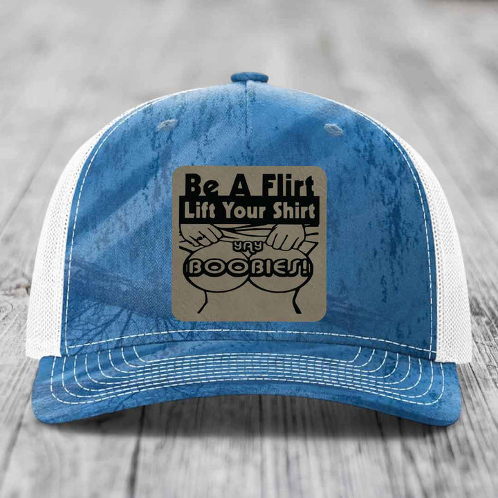 Be A Flirt Lift Your Shirt Yay Boobies! - Leather Patch Hat - Light Brown to Black Patch - Richardson 112PFP Snapback Trucker Hat
