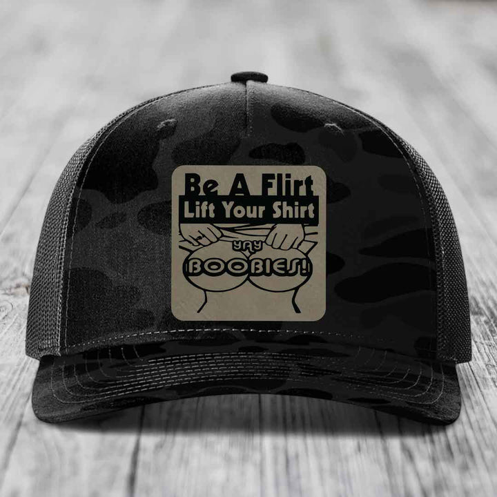 Be A Flirt Lift Your Shirt Yay Boobies! - Leather Patch Hat - Light Brown to Black Patch - Richardson 112PFP Snapback Trucker Hat