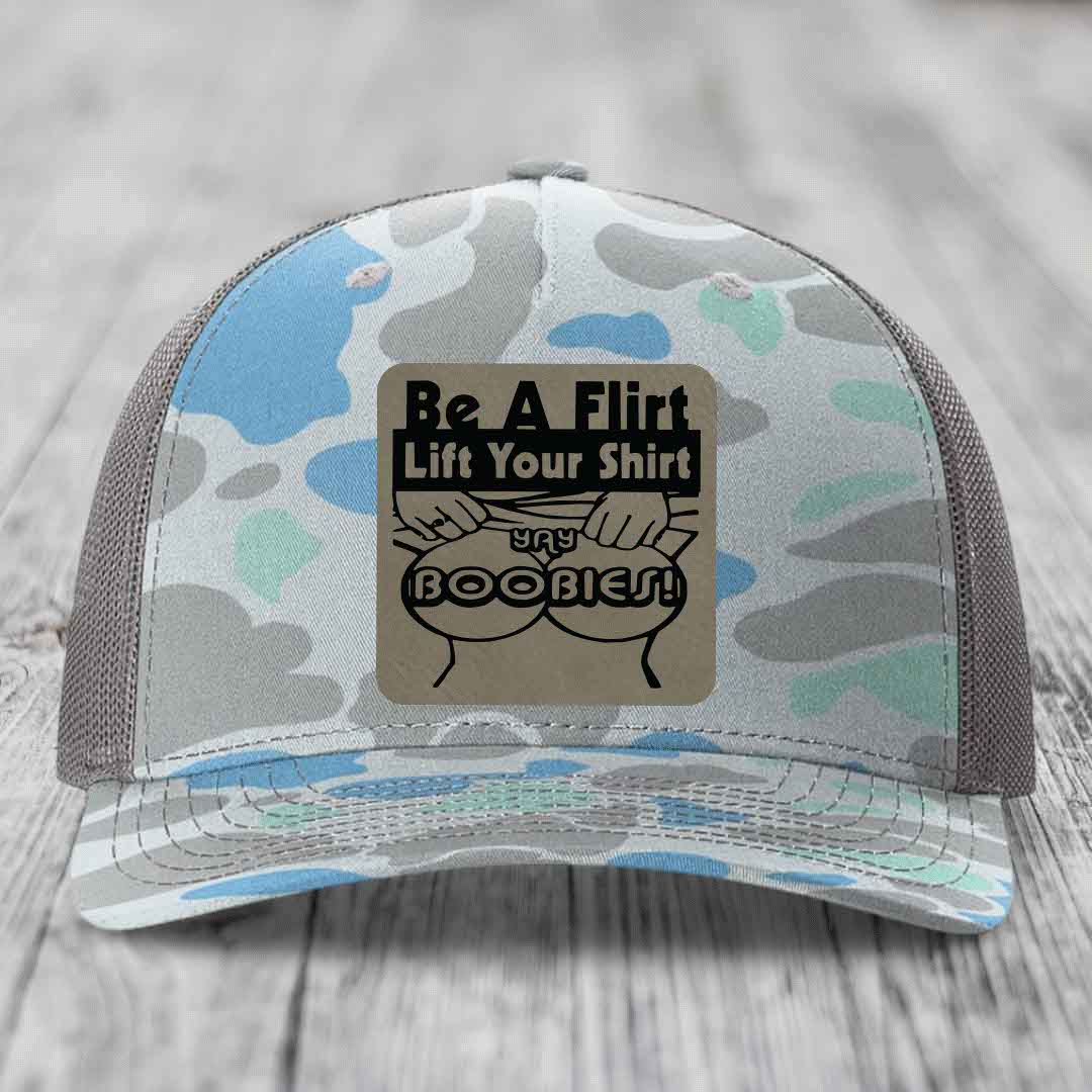 Be A Flirt Lift Your Shirt Yay Boobies! - Leather Patch Hat - Light Brown to Black Patch - Richardson 112PFP Snapback Trucker Hat
