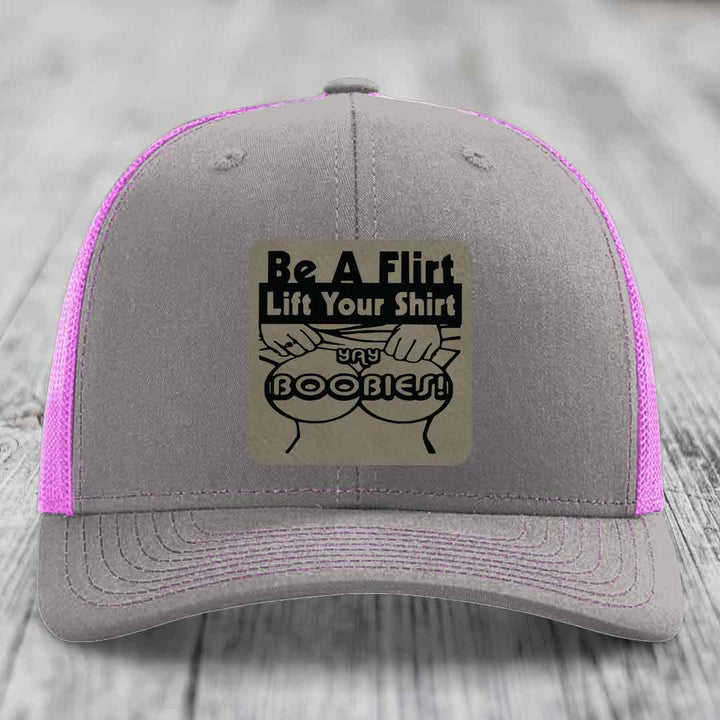 Be A Flirt Lift Your Shirt Yay Boobies! - Leather Patch Hat - Light Brown to Black Patch - Richardson 112 Snapback Trucker Hat
