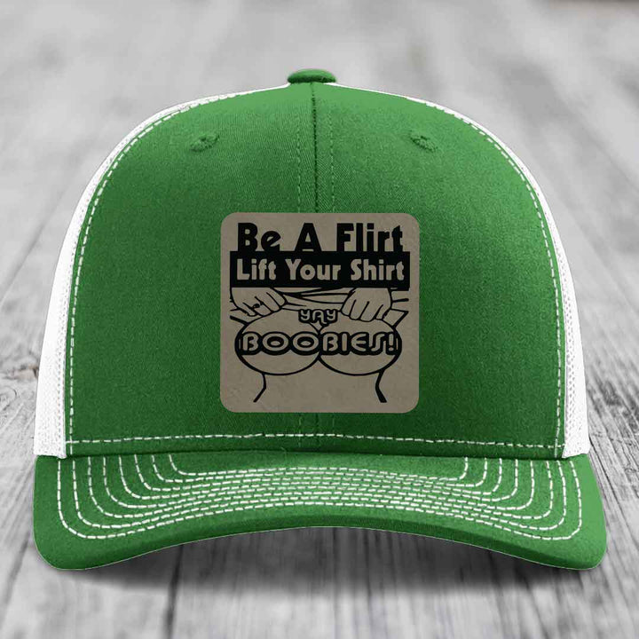 Be A Flirt Lift Your Shirt Yay Boobies! - Leather Patch Hat - Light Brown to Black Patch - Richardson 112 Snapback Trucker Hat