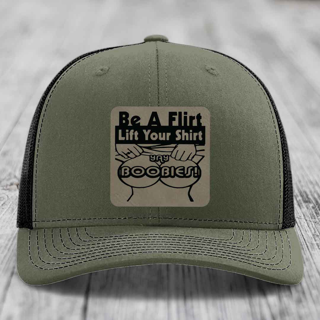 Be A Flirt Lift Your Shirt Yay Boobies! - Leather Patch Hat - Light Brown to Black Patch - Richardson 112 Snapback Trucker Hat