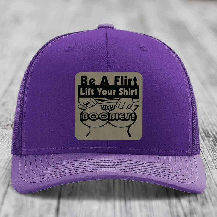 Be A Flirt Lift Your Shirt Yay Boobies! - Leather Patch Hat - Light Brown to Black Patch - Richardson 112 Snapback Trucker Hat