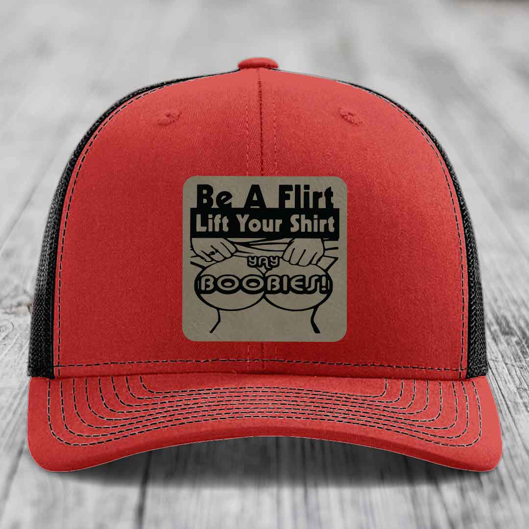Be A Flirt Lift Your Shirt Yay Boobies! - Leather Patch Hat - Light Brown to Black Patch - Richardson 112 Snapback Trucker Hat