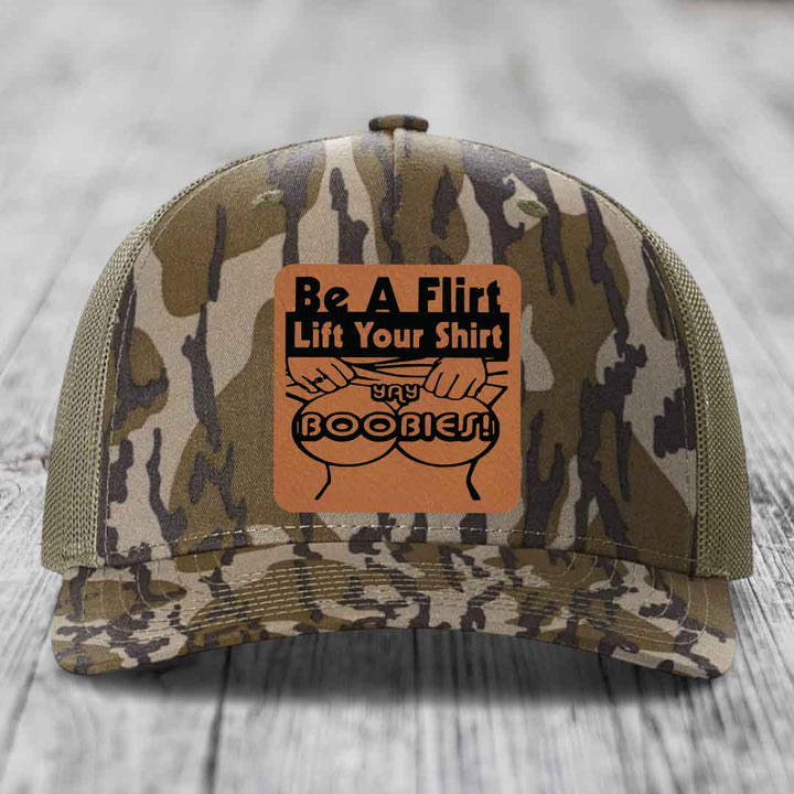 Be A Flirt Lift Your Shirt Yay Boobies! - Leather Patch Hat - Rawhide to Black Patch - Richardson 112PFP Snapback Trucker Hat