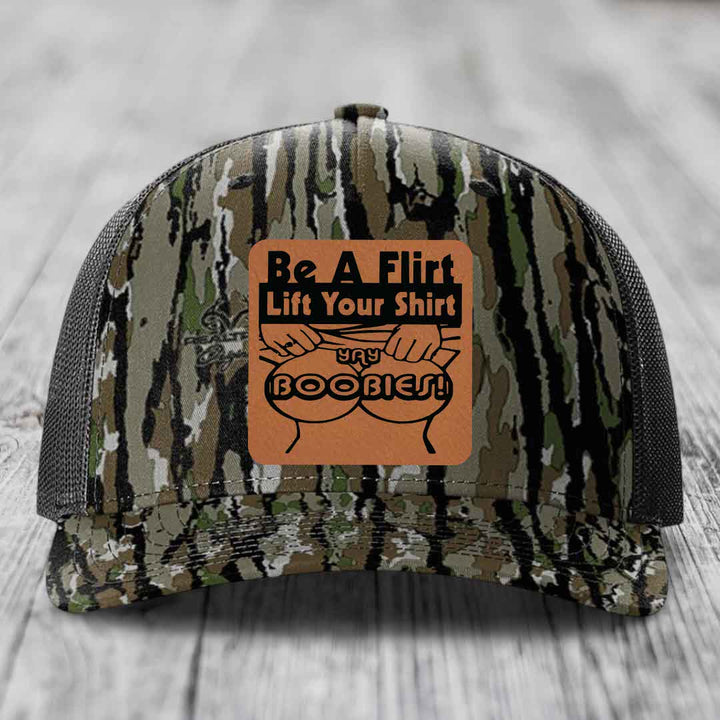 Be A Flirt Lift Your Shirt Yay Boobies! - Leather Patch Hat - Rawhide to Black Patch - Richardson 112PFP Snapback Trucker Hat