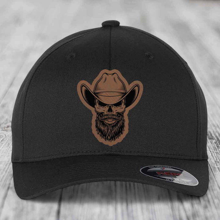 Bearded Cowboy Skull - Leather Patch Hat - Dark Brown to Black Patch - Flexfit 6277 Fitted Hat