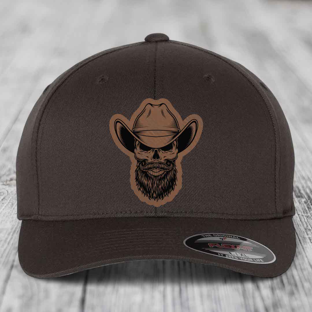 Bearded Cowboy Skull - Leather Patch Hat - Dark Brown to Black Patch - Flexfit 6277 Fitted Hat