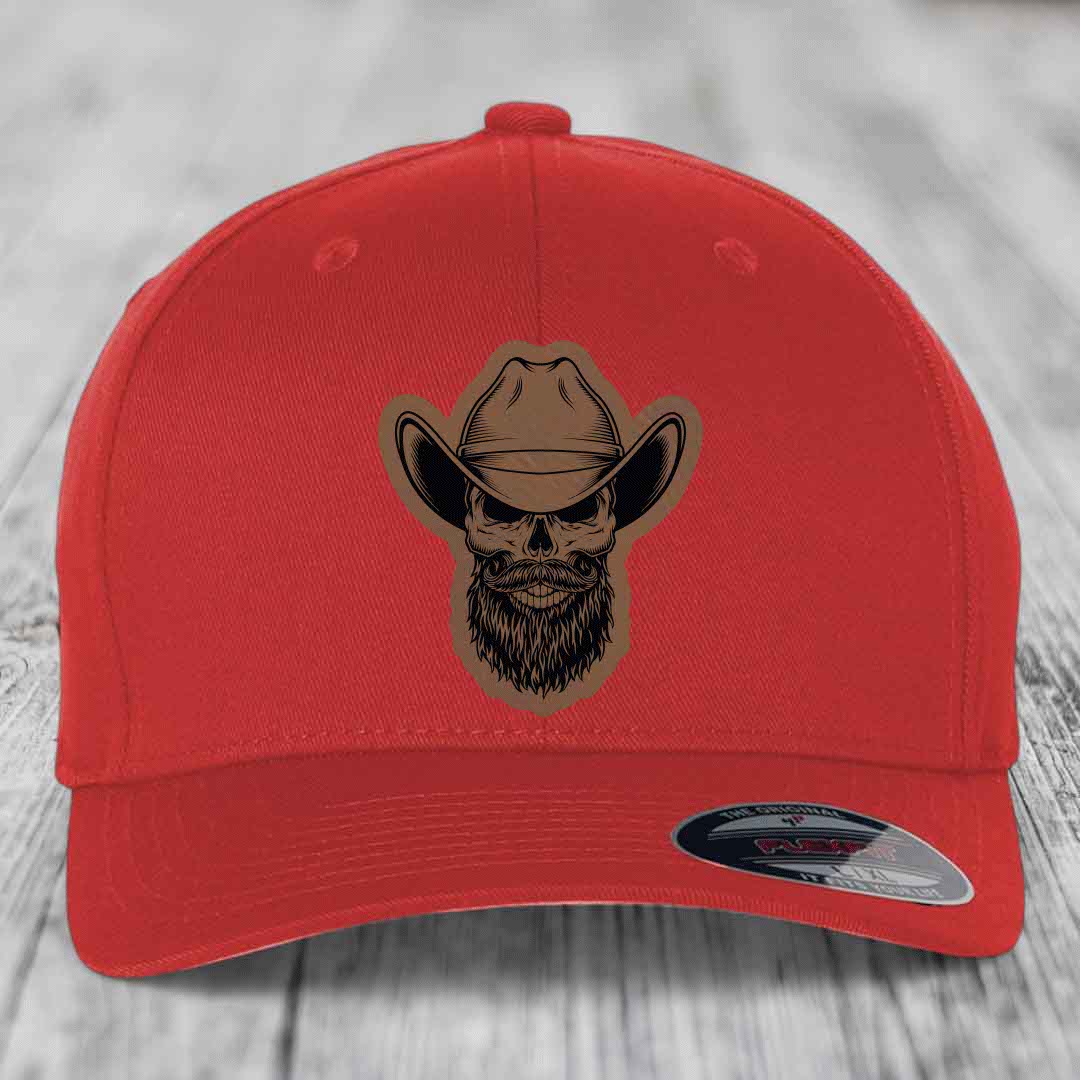 Bearded Cowboy Skull - Leather Patch Hat - Dark Brown to Black Patch - Flexfit 6277 Fitted Hat