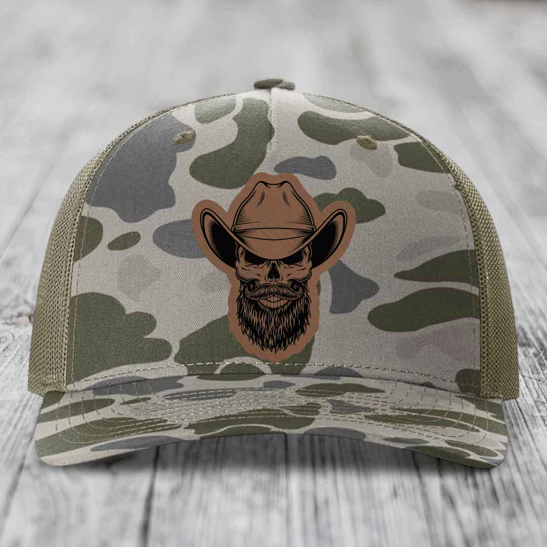 Bearded Cowboy Skull - Leather Patch Hat - Dark Brown to Black Patch - Richardson 112PFP Snapback Trucker Hat