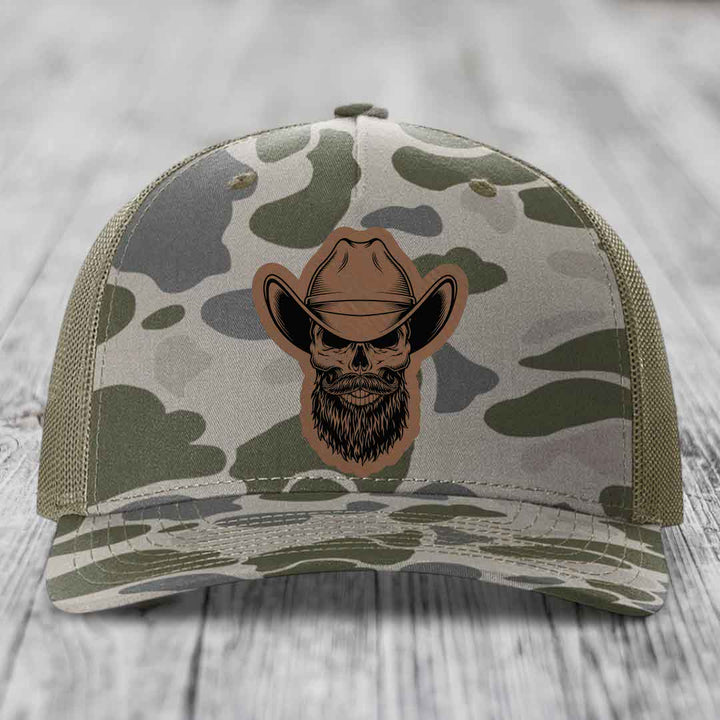 Bearded Cowboy Skull - Leather Patch Hat - Dark Brown to Black Patch - Richardson 112PFP Snapback Trucker Hat