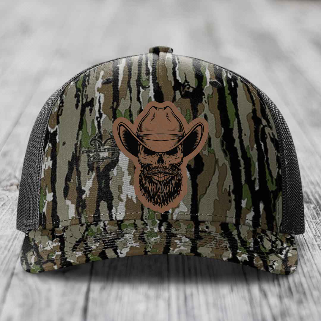 Bearded Cowboy Skull - Leather Patch Hat - Dark Brown to Black Patch - Richardson 112PFP Snapback Trucker Hat