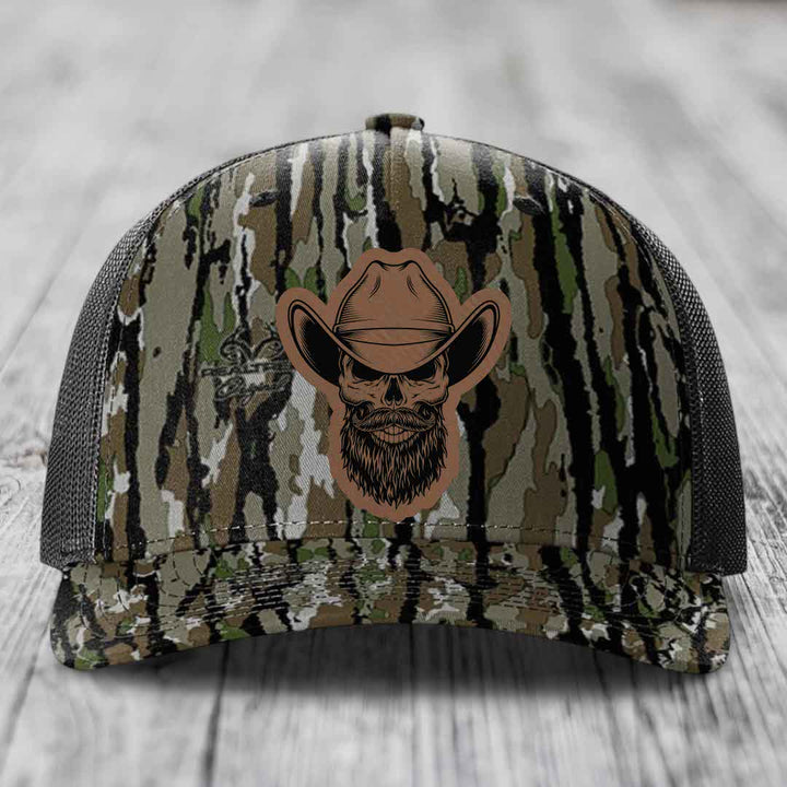 Bearded Cowboy Skull - Leather Patch Hat - Dark Brown to Black Patch - Richardson 112PFP Snapback Trucker Hat