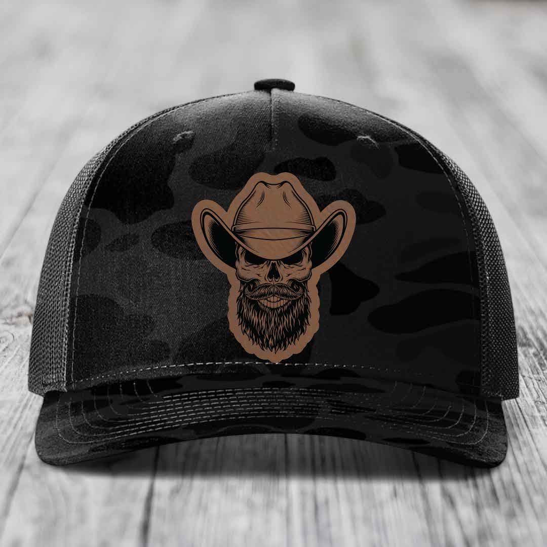 Bearded Cowboy Skull - Leather Patch Hat - Dark Brown to Black Patch - Richardson 112PFP Snapback Trucker Hat