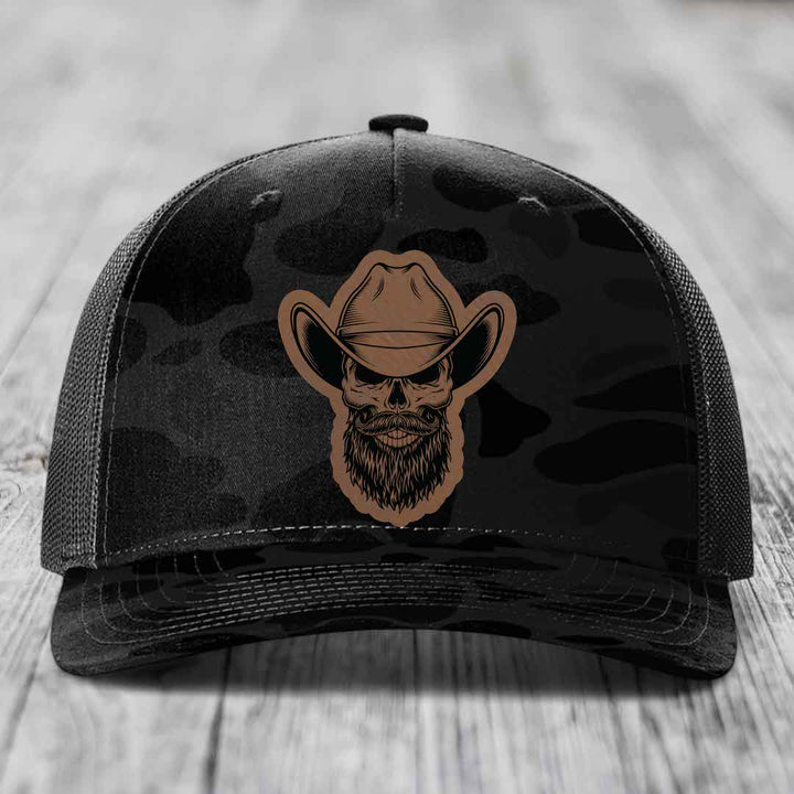 Bearded Cowboy Skull - Leather Patch Hat - Dark Brown to Black Patch - Richardson 112PFP Snapback Trucker Hat