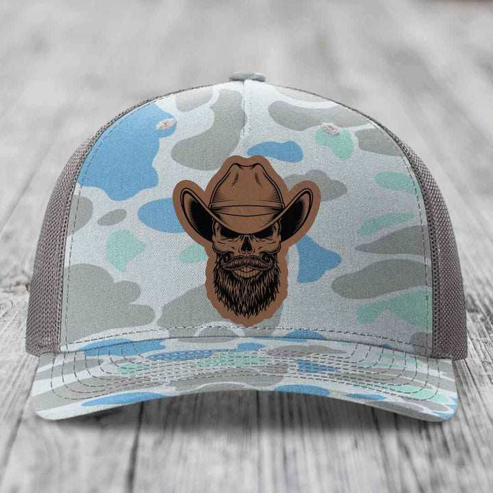 Bearded Cowboy Skull - Leather Patch Hat - Dark Brown to Black Patch - Richardson 112PFP Snapback Trucker Hat
