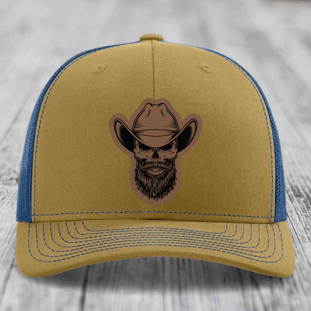 Bearded Cowboy Skull - Leather Patch Hat - Dark Brown to Black Patch - Richardson 112 Snapback Trucker Hat