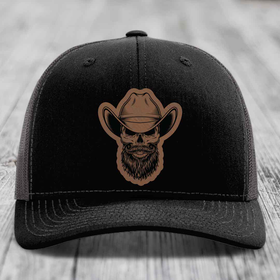 Bearded Cowboy Skull - Leather Patch Hat - Dark Brown to Black Patch - Richardson 112 Snapback Trucker Hat